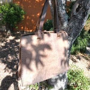 Leather shoulder bag, tote, brown with gold shimmer.